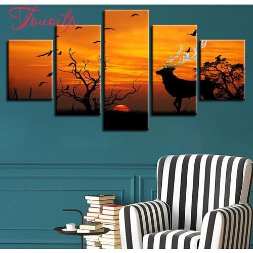 5D DIY Full Square&round 5pcs Animal Sunset deer 5d Diamond Painting Combination diamond Embroidery Mosaic Home Decor painting