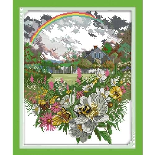 The After Rain Rainbow Flowers Chinese Cross Stitch Kits Ecological Cotton Stamped Printed 11CT DIY Christmas Decorations Gift