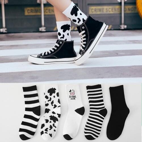 Lovely Cow Print Socks Women Harajuku Japanese Style Cartoon Cute Long Socks Solid Striped Casual Breathable Cotton Crew Socks