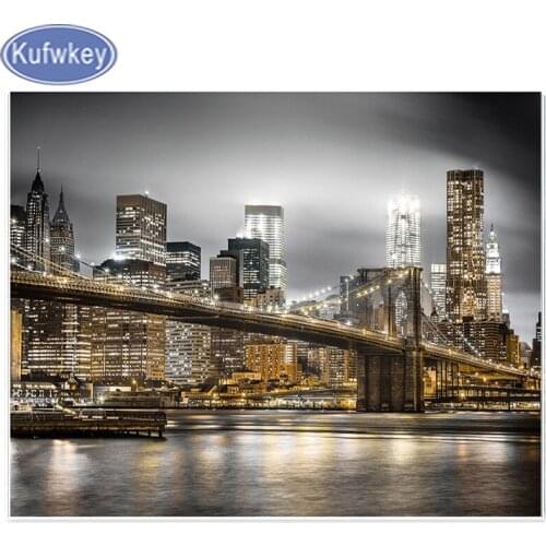 2019 New diy Diamond Mosaic 3d Cross Stitch Night City bridge Skyscraper Full square Resin Diamond Embroidery Rhinestones decor
