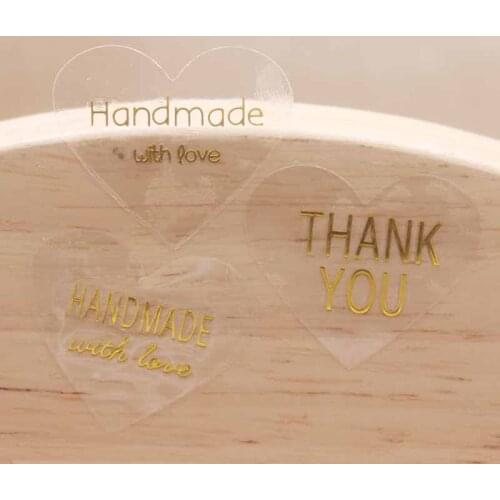 New Top selling 100pcs 29x33mm white /clear Gold foil trasparent logo for sticker HANDMADE/THANK YOU box sticker labels 29*33mm