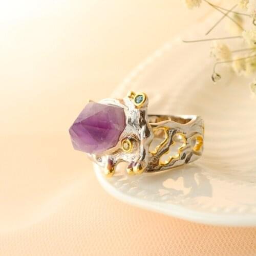 Authentic 925 Sterling Silver Retro Style Opening Ring Inlaid Natural Amethyst Rings Handmade Creative Trendy Jewelry Gift