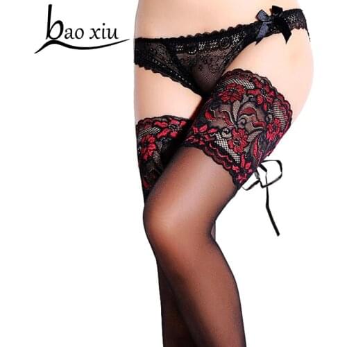 Punk Maid Sexy Cuban Heel Back Seam Stockings Wide Lace UP Hold Up Silicone Floral Top Thigh High Cross Bandage Stockings