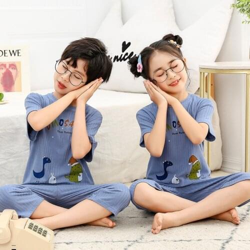 New Summer Childrens Clothing Cotton Sleepwear Half Sleeves Dinosaur Cartoon Kids Pyjamas Sets Homewear Boys Girls Pajamas Suit