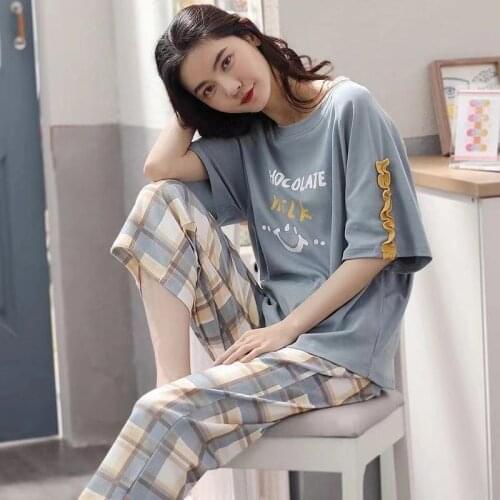New Pure Cotton Pajamas Womens Summer Short Sleeved Capris Loose Casual Solid Color Thin Home Clothes Set Lady Sleepwear
