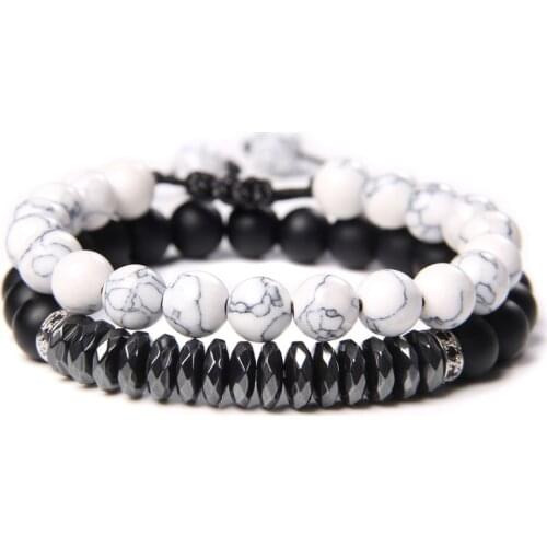 2pcs/set Fashion Hematite Stone Beads Elastic Bracelet Howlite Beaded Braided Charm Bracelet for Women Men Couple Energy Jewelry