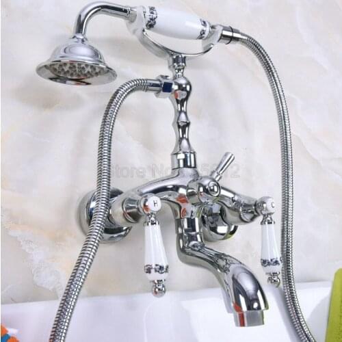 Polished Chrome Clawfoot Bathtub Faucet Set with Handheld Shower Dual Handles Mixer Taps Wall Mounted tna218