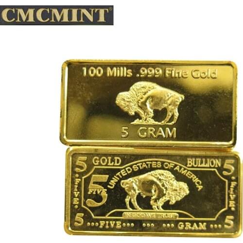Gold Plated Brass Bullion Buffalo Bar 5 Gram .100 Mills .999 Fine Gold Replica Coin Collectible Commemorative Coin C25
