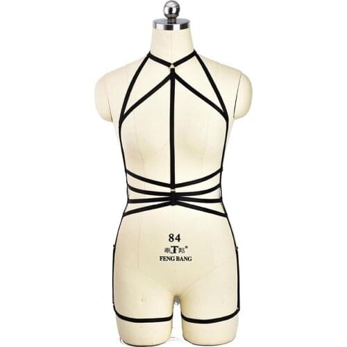 Sexy Gothic Black Body Harness Lingerie Elastic Fetish Cage Bra Harajuku Punk Bondage Harness 90s Suspender Belt Leg Garters