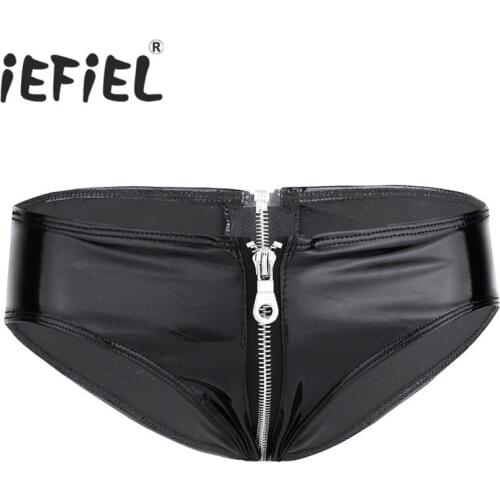Sexy Women Lingerie Shiny Patent Leather Zipper Crotch Low Rise Bikini Briefs Underwear Underpants Clubwear Nightwear Clothes