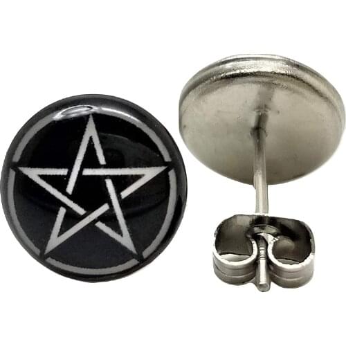 Pentagram Black & White Stud Post Earrings Jewelry Glass Dome Earrings for Women Gift 14MM