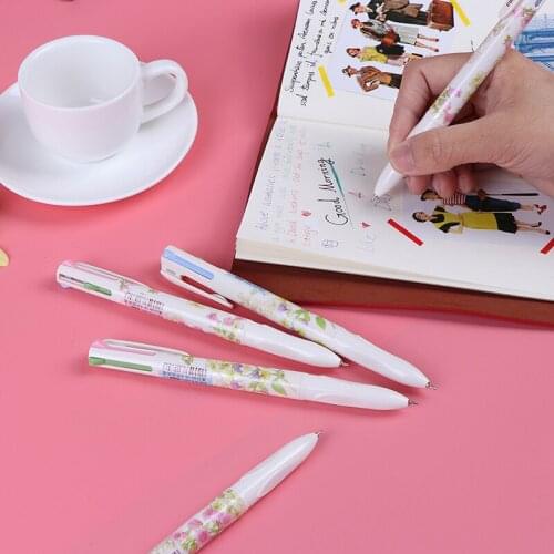 Summer Flower 4 Colour Retractable Ballpoint Pen Black Blue Red Green Ink Rubber Grip Stationery Office School Supplies