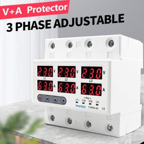 3 three phase Voltage Current Relay Protector 63A 60A 220V Over Under Voltage Relay Current limiter adjustable protect 380V
