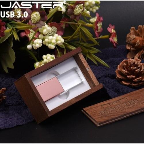 JASTER USB 3.0 Wooden box Crystal Pen drive USB flash drive 4GB 8GB 16GB pendrive 32GB 64GB 128GB Customized Logo USB stick