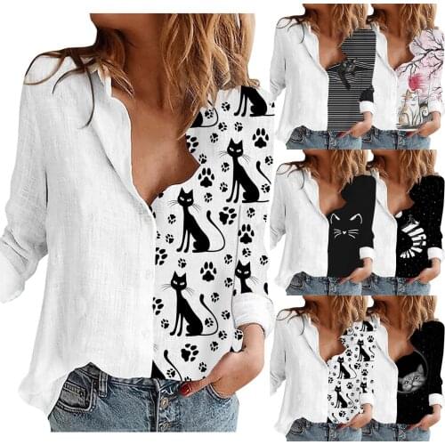 Women Fashion Lapel Long Sleeve Buttons Cat Printing Shirt Casual Top Half Solid Color All-match Sexy Girls T-shirt