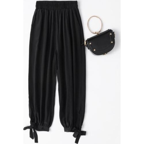 Women Summer 100% Natural Silk Harem Pants Silk Loose Style Trousers casual Black/Navy Blue Holiday wide leg palid Pants