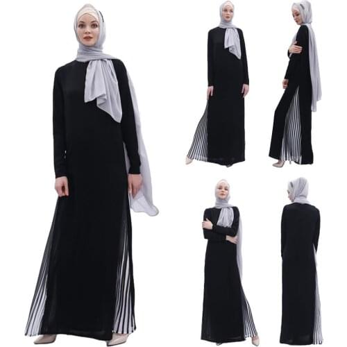 Abaya Muslim Women Maxi Dress Arab Long Robe Dubai Islamic Jilbab Kaftan Black Stripe Patchwork Loose Gown 2019 Autumn Dresses
