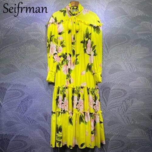 Seifrmann Summer Fashion Women Runway Holiday Long Dress Ruffles Bow Sashes Lantern Sleeve Floral Print Ladies A-Line Dresses