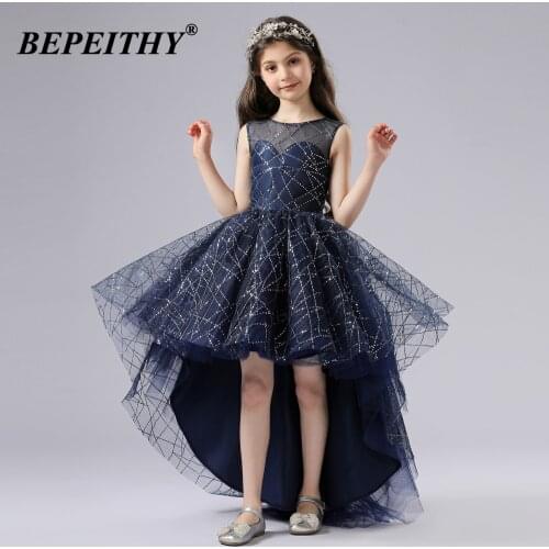 BEPEITHY O Neck Navy Blue Girls Pageant Dress High Low Sleeveless Shinny Tulle Baby Kids Dresses For Wedding-Party Birthday
