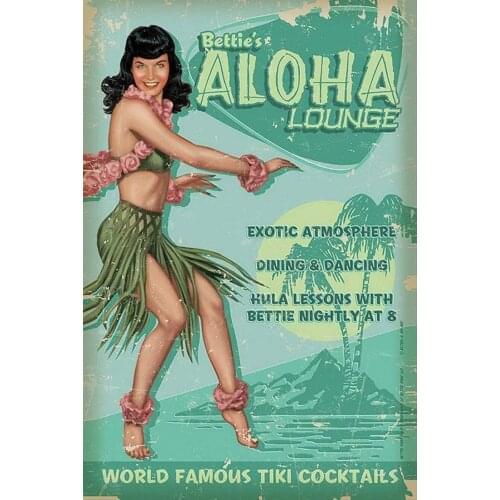 BettieS Aloha Lounge Hawaiian Rock-A-Billy Bettie Page Pin Up Retro Metal Tin Sign Plaque Poster Wall Decor Art Chic Gift