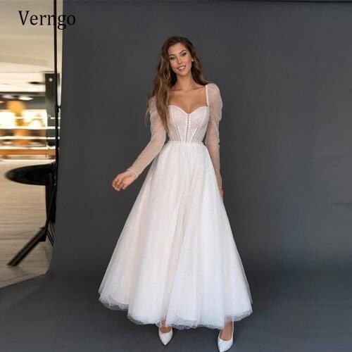 Verngo Shimmer Dotted A Line Wedding Dresses Long Seeves Sweetheart Ankle Length Bridal Dress Informal Party Wear Gowns