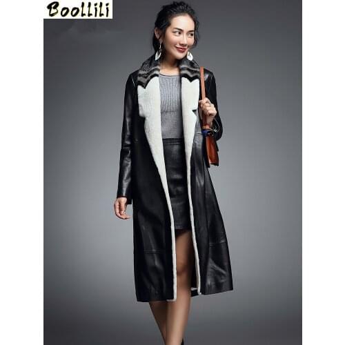 Boollili Leather Jacket Winter Coat Women Mink Wool Fur Collar Down Jacket Women Long Genuine Sheepskin Coat Chaqueta Mujer
