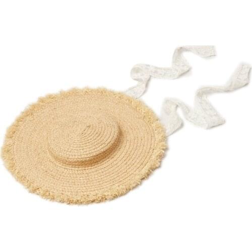 Kids Summer Shallow Flat Top Straw Hat Wide Brim Banded Lace Ribbon Beach Cap H9ED