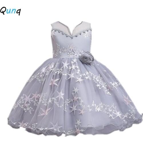 Qunq Girls Princess Dress Star Embroidery Mesh Kids Ball Gown Wedding Party Dress Summer Sleeveless Children Performance Costume