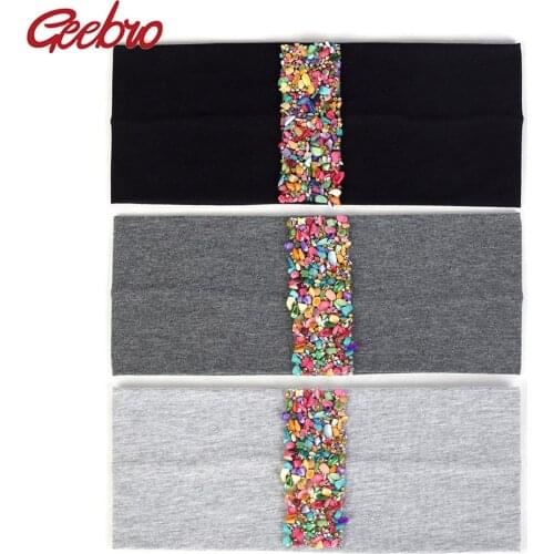 Geebro Fashion Woman Cotton Colorful Stones Ribbon Headbands Headwear Boho Soft Elastic Hair band Party Turban Accessorie