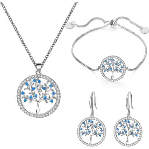 Wholesale Jewelry Sets for Women Blue CZ Stone Necklace Adjustable Bracelet Tree of Life Earrings Engagement Jewelry