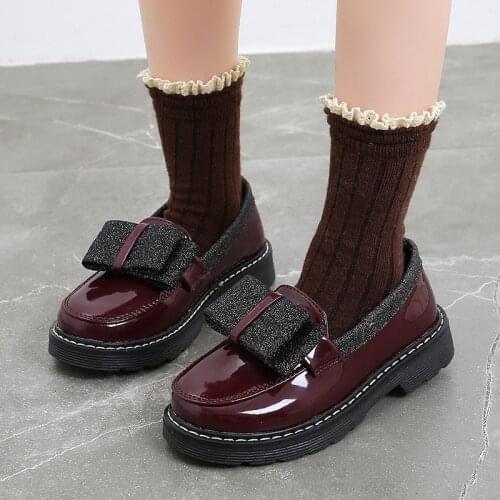 Girls Bow Princess Leather Shoes 2021 New Soft-soled Toddlers Single Shoes Small Kid School Black Flats Children Brogue Shoes