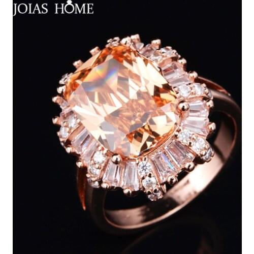 JoiasHome Trendy Silver 925 Jewelry Gemstones Ring for Women Rectangle Champagne Quartz Size6-9 Resizable Rose Gold Color Party