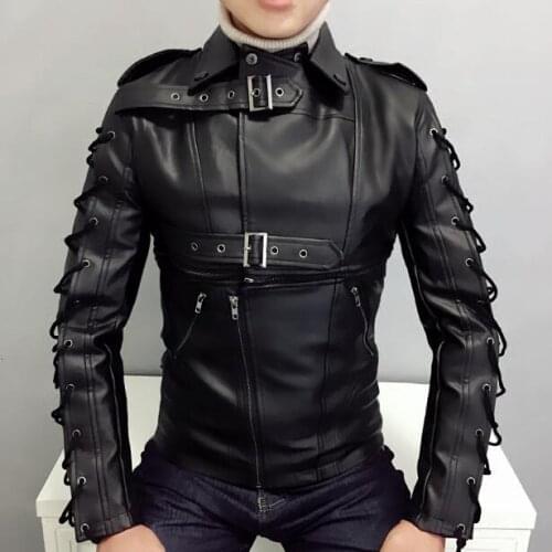 Mens New skinny lape Genuine leather stitching punk motorcycle leather jacket male Slim Korean personality leather clothes