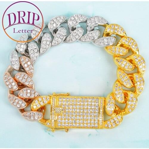 20mm Width Miami Cuban Bracelet Gold Color Zircon Men Hip Hop Colorful Jewelry