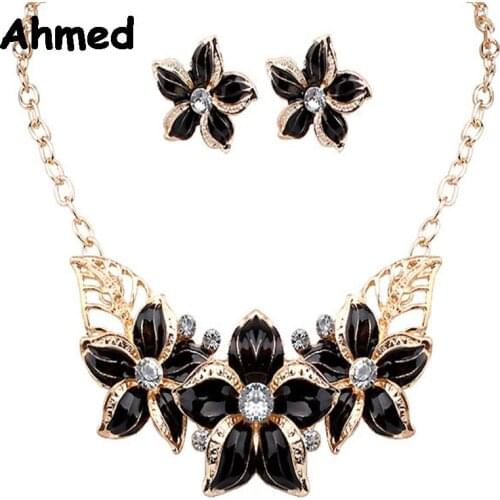 Ahmed Jewelry Fashion Flower Choker Jewelry Set Crystal Metal Necklace Withe Earrings Woman 2016 New Y-H78