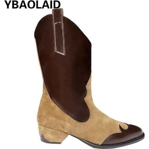 Spring and Autumn New Pointed Retro Color Matching Print Mid-tube Square Heel Martin Boots V-sleeve Thick Heel Knight Boots