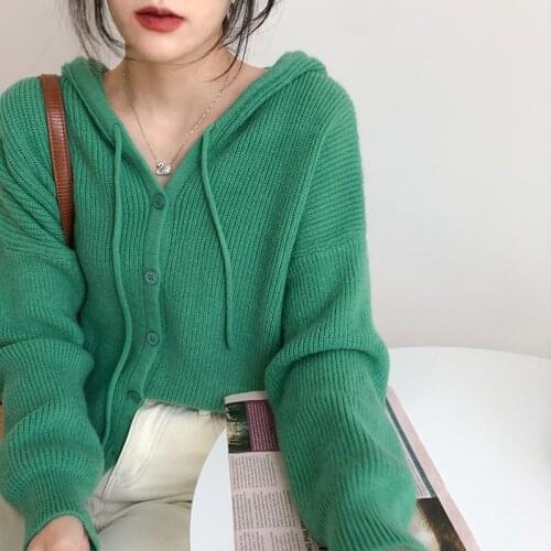 Autumn Winter Long Sleeve Hooded Sweaters Buttons Solid Oversize Loose Knitted Cardigans 2021 Thicken Knitwear