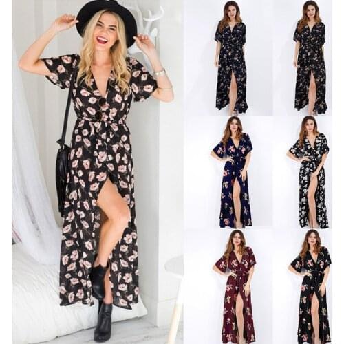 2021 Short Sleeved Chiffon French Floral V-neck Dress beach Women’s Skirts