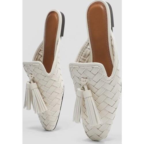 Square Toe Mules Shoes Women 2021 Summer Slippers Flat Bottom Half Drag Tassel Muller Sandalias Woven Comfortable White Slides