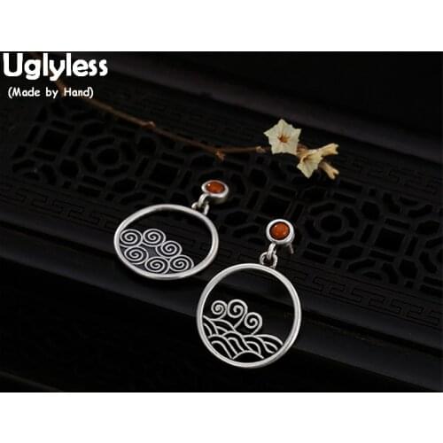 Uglyless 100% Real 925 Sterling Silver Handmade Waves Fine Jewelry Hollow Round Dangle Earrings Agate Lapis Earrings for Women