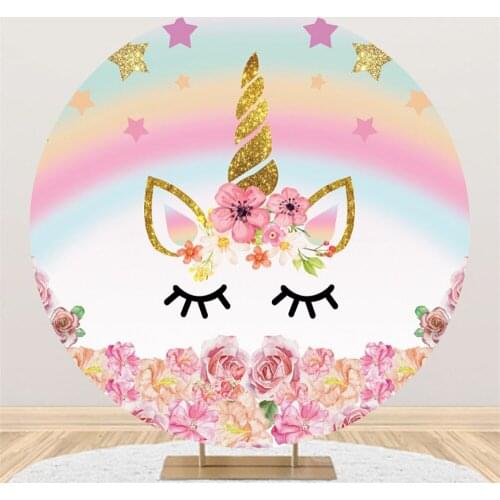 Vinyl Cute Pink Unicorn Circular Round Backdrop Photography Circle Background Kids Flowers Birthday Party Decor Baby Shower