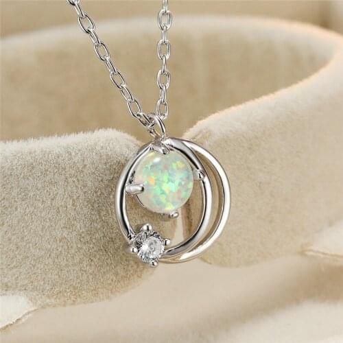 Vintage Hollow Moon Wedding Necklace White Blue Small Round Opal Pendant Necklace Fashion Silver Color Chain Necklaces For Women