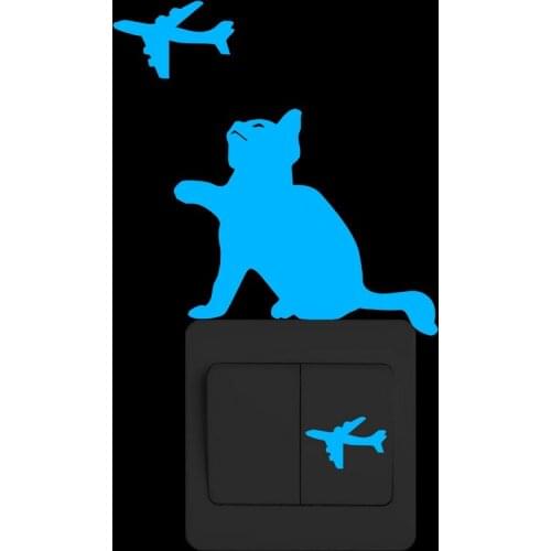 Funny Cat and Airplanes Glow in the Dark Wall Switch Sticker Kids Room Restaurant Hotel Nursery DIY Decoration Luminous Stickers