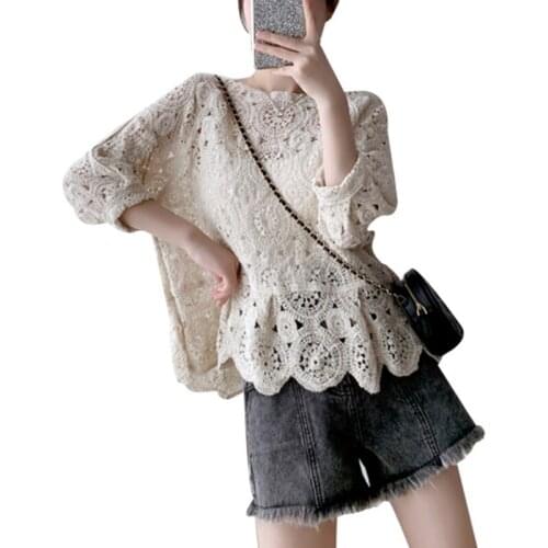 Women Bohemian Puff Sleeve T Shirts Retro Hollow Out Crochet Knitted Pullover Tops Scalloped Hem Loose Beach Blouse