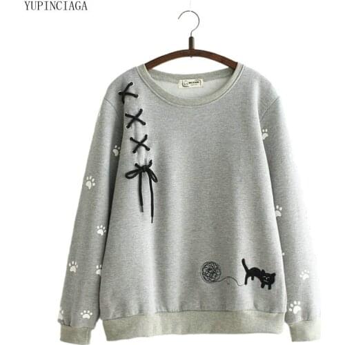 Women Cartoon Cat Embroidery Plus Velvet Sweatshirt Girls O-Neck Long Sleeve Pullover Femme Loose Harajuku Kawaii Hoodies