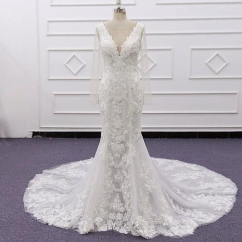 Molanda Hung 2021 High Quality Custom Made Bride Dress V-Neck Backless Mermaid Appliques Zipper Buttons Global Shipping SJ233