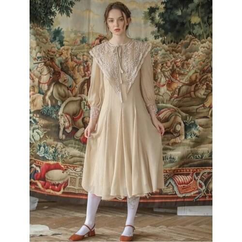 Spring Dress Women Vintage Victoria Elegant Embroidery Lace Collar Midi Dress Big Swing Casual Golden Thread Chiffon Long Dress