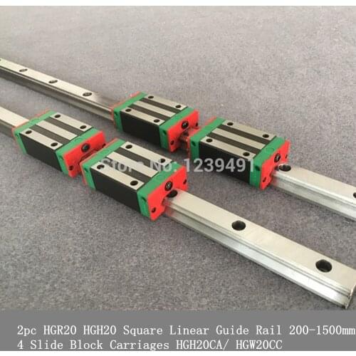 2pc HGR20 HGH20 20mm Square Linear Guide Rail 200-1500mm+4 Slide Block Carriages HGH20CA/ HGW20CC for CNC Router Engraving