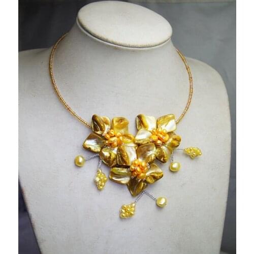 2019 Holiday Party Necklace,Beaded Jewelry,Pearl Necklace,Wired Flower Choker Necklace With Pearl & MOP 20 inches