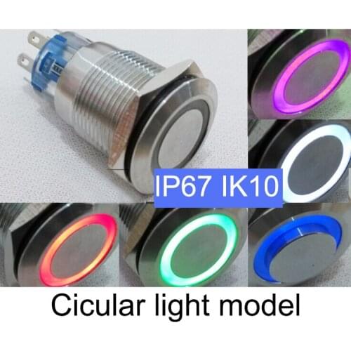 22mm IP67 waterproof IK10 Metal button switch, self-return 12V 24V 110V 220V optional,Flat head Circular light Model